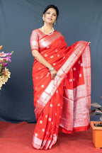 Jyoti Fashion Women's Red Soft Banarasi Silk Zari Woven Saree with Blouse | Grocsy