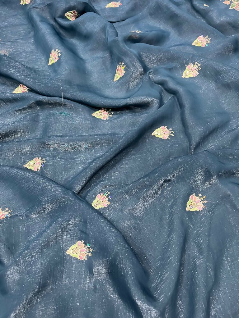 Vastranavya Gold Crunchy Multi Colour Threads Embroidery Work with Sequins Work Saree with Blouse material - Teal | Grocsy
