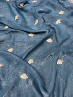 Vastranavya Gold Crunchy Multi Colour Threads Embroidery Work with Sequins Work Saree with Blouse material - Teal | Grocsy