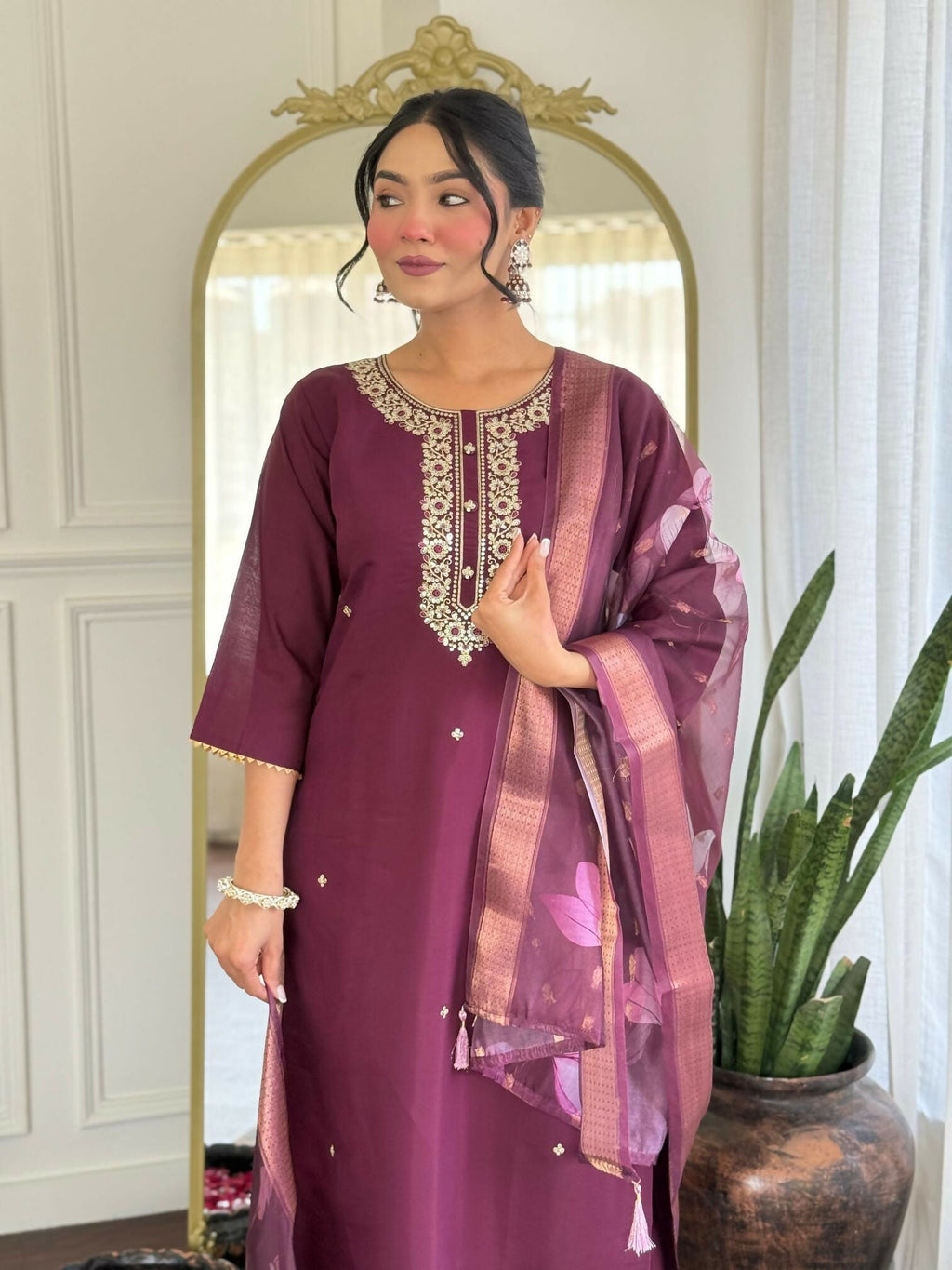 The52 Wine Women's Gorgeous Rayon Fabric Embroidered Work Straight Kurta Pant and Dupatta Set | Grocsy