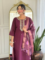 The52 Wine Women's Gorgeous Rayon Fabric Embroidered Work Straight Kurta Pant and Dupatta Set | Grocsy
