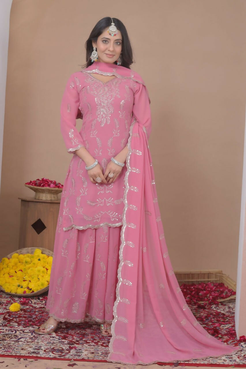 Teeya Creation Baby Pink Color Faux Georgette Wedding Wear Trending Palazzo Set | Grocsy