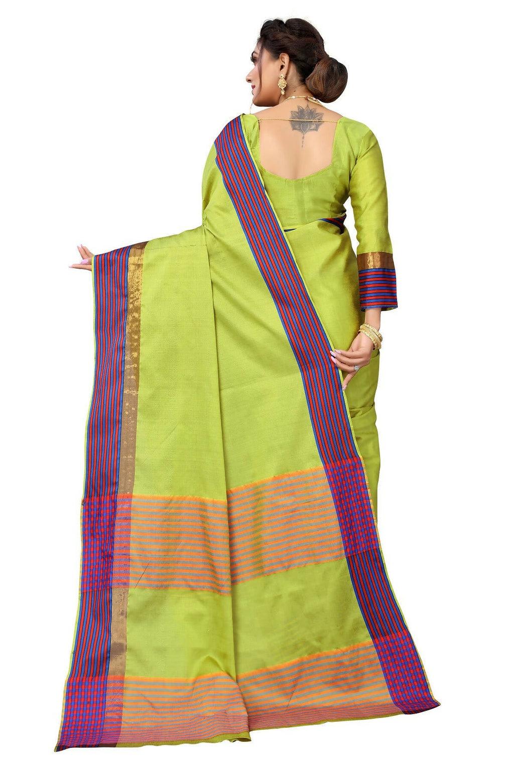 Vamika Ethnic Fire Parrot Green Cotton Silk Saree | Grocsy
