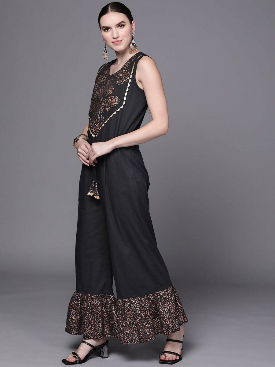 Ahalyaa Women Black Printed Basic Jumpsuit | Grocsy