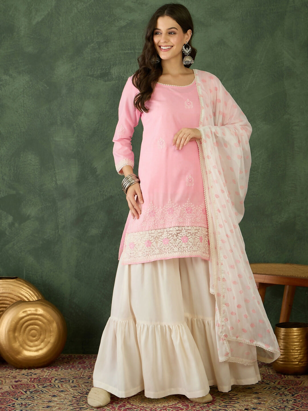 The52 Women's Gorgeous Embroidery Work Cotton Satin Fabric Straight Kurta Sharara and Dupatta Set-Peach | Grocsy