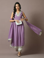 Myshka Women's Lavender Solid Georgette Anarkali Party Kurta Set With Dupatta | Grocsy