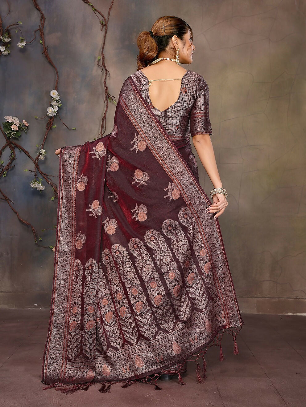 Joban Fashion Wine Woven Jacquard Banarasi Silk Sarees | Grocsy