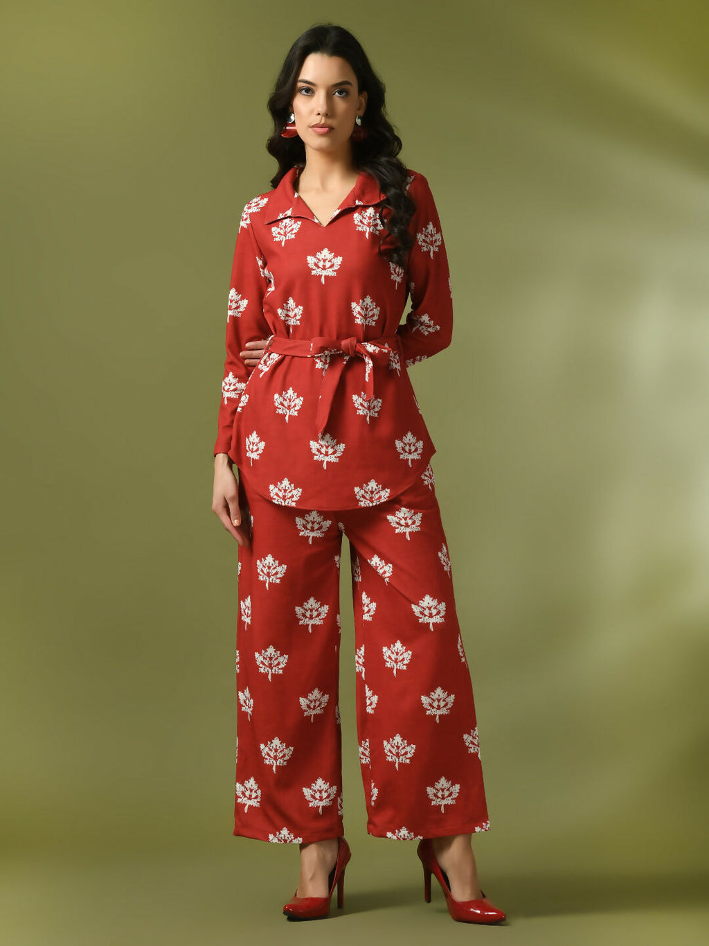 Myshka Women's Rust Printed Polo Collar Party Top With Trousers Co-ord set | Grocsy