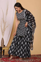 Vamika Printed Cotton Black Party Wear/Casual Wear Kurta Set/Suit | Grocsy
