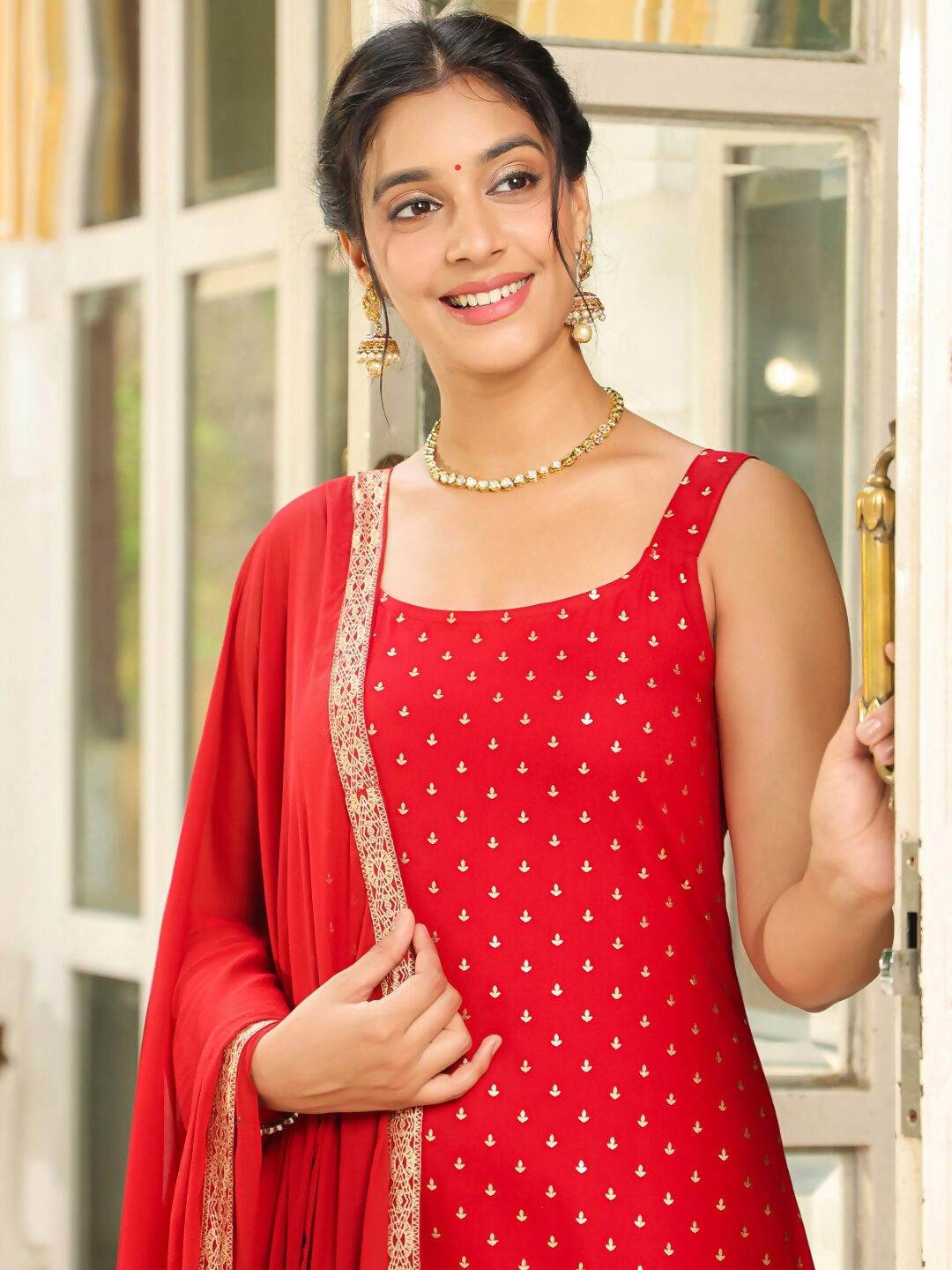 Janasya Maroon Rayon Foil Print Kurta,Bottom & Dupatta | Grocsy