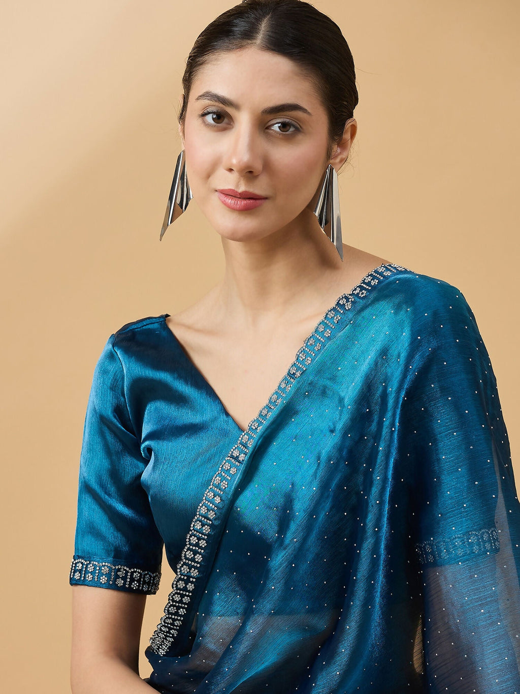 Teal Organza Swaroski Diamond Work Saree with Unstitched Blouse - Radha | Grocsy