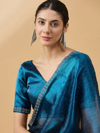 Teal Organza Swaroski Diamond Work Saree with Unstitched Blouse - Radha | Grocsy