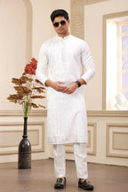 Raivat Ethnic Art Silk Thread Work Kurta Pajama In Off White Colour | Grocsy