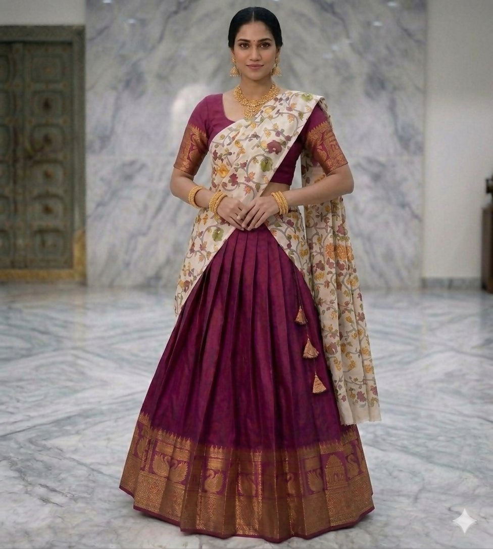 Teeya Creation Womens New Trendy Wine Traditional Pleated Lehenga Choli Set with Floral Printed Dupatta and Contrast Zari Border Set | Grocsy