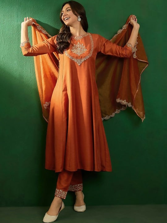 The52 Women's Beautiful Vichitra Fabric Embroidery Work Flared Anarkali Pant and Dupatta Set | Grocsy