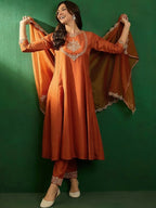 The52 Women's Beautiful Vichitra Fabric Embroidery Work Flared Anarkali Pant and Dupatta Set | Grocsy