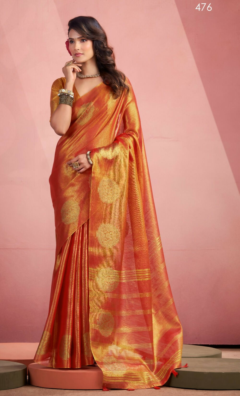 Anaita Orange Silk Tissue Zari Weaving Work Saree With Blouse Piece | Grocsy