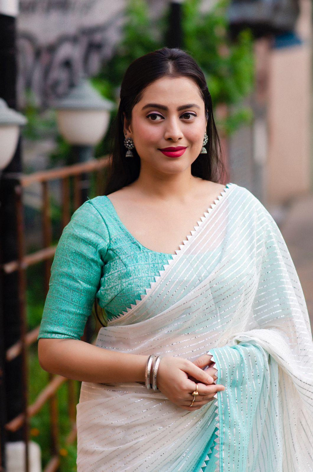 Green Poly Chiffon Striped Saree with Unstitched Blouse - A2M | Grocsy