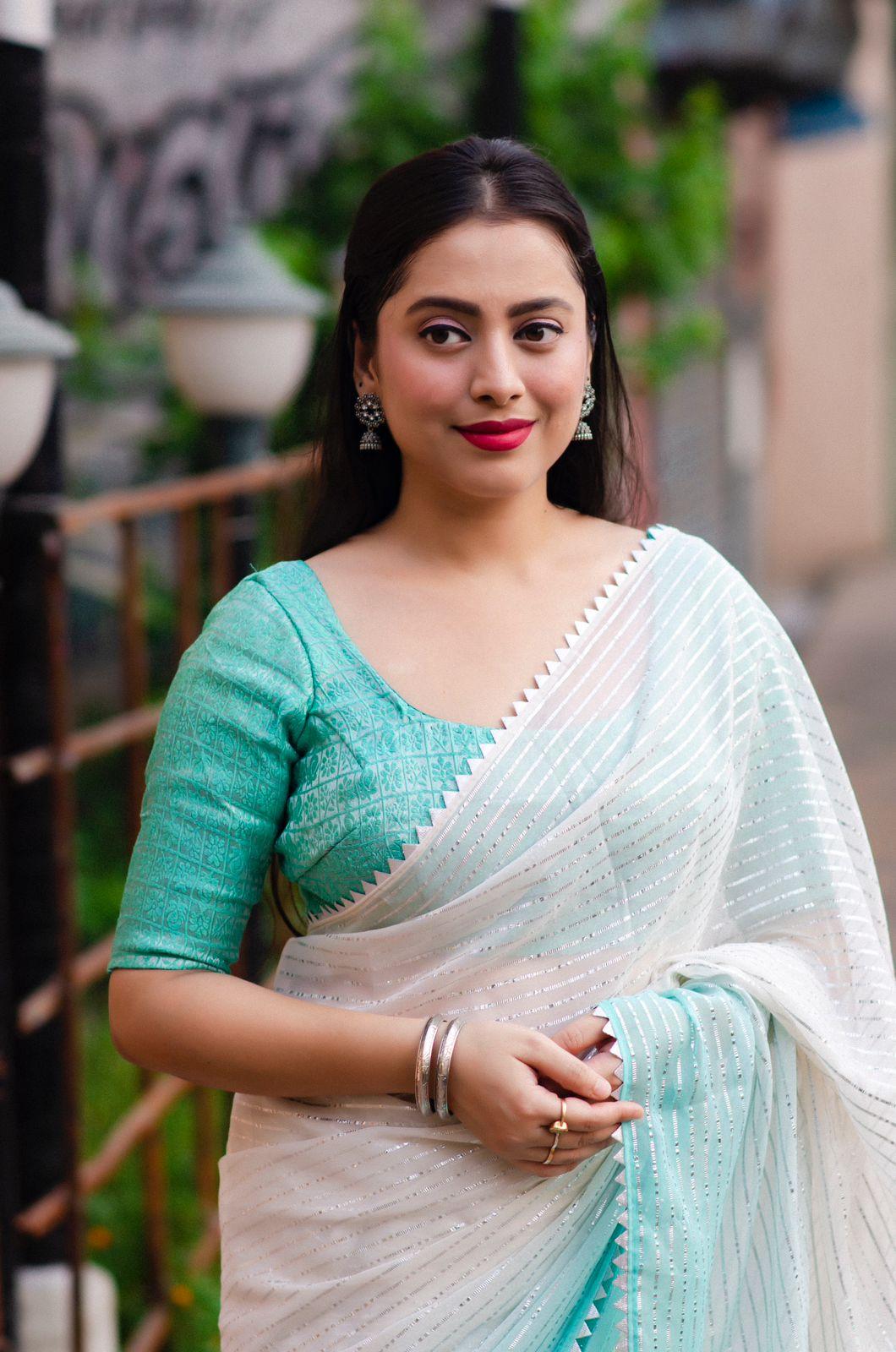 Green Poly Chiffon Striped Saree with Unstitched Blouse - A2M | Grocsy