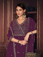Jyoti Fashion Women's Purple Georgette Embroidered Anarkali Kurta Pant Set With Dupatta | Grocsy