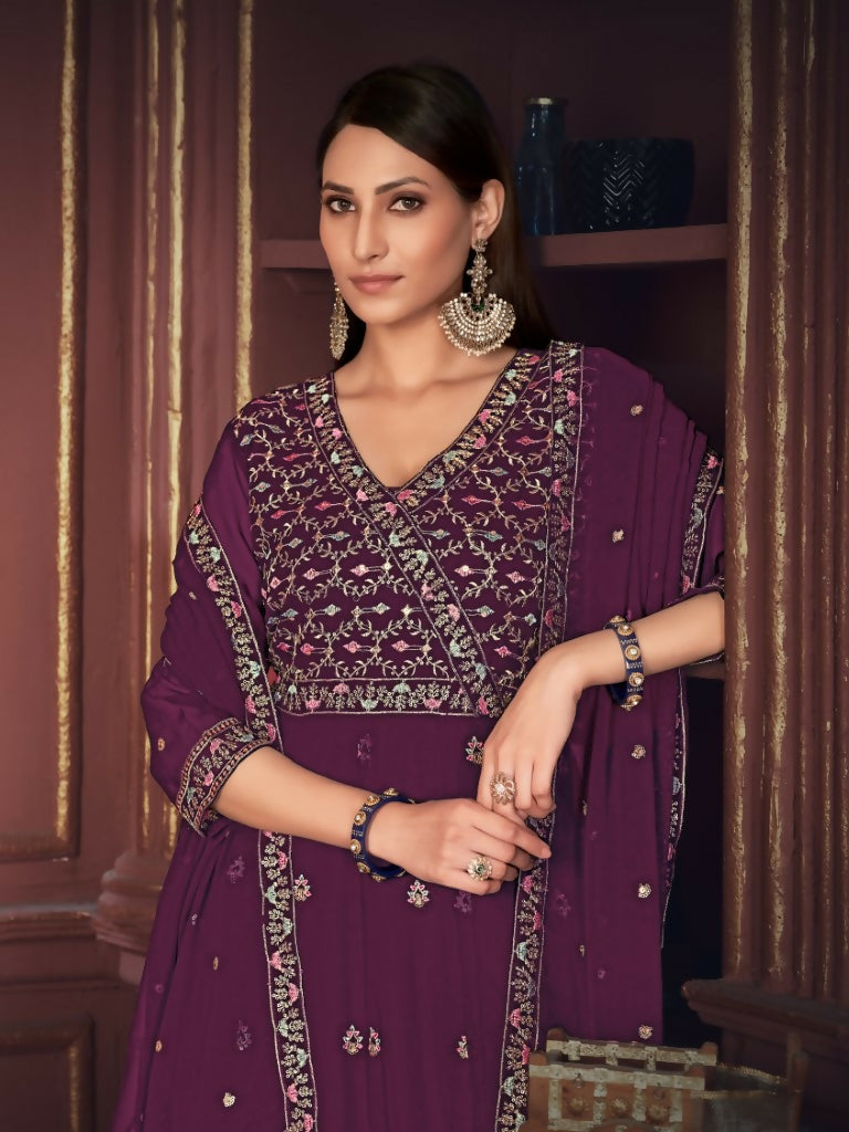 Jyoti Fashion Women's Purple Georgette Embroidered Anarkali Kurta Pant Set With Dupatta | Grocsy