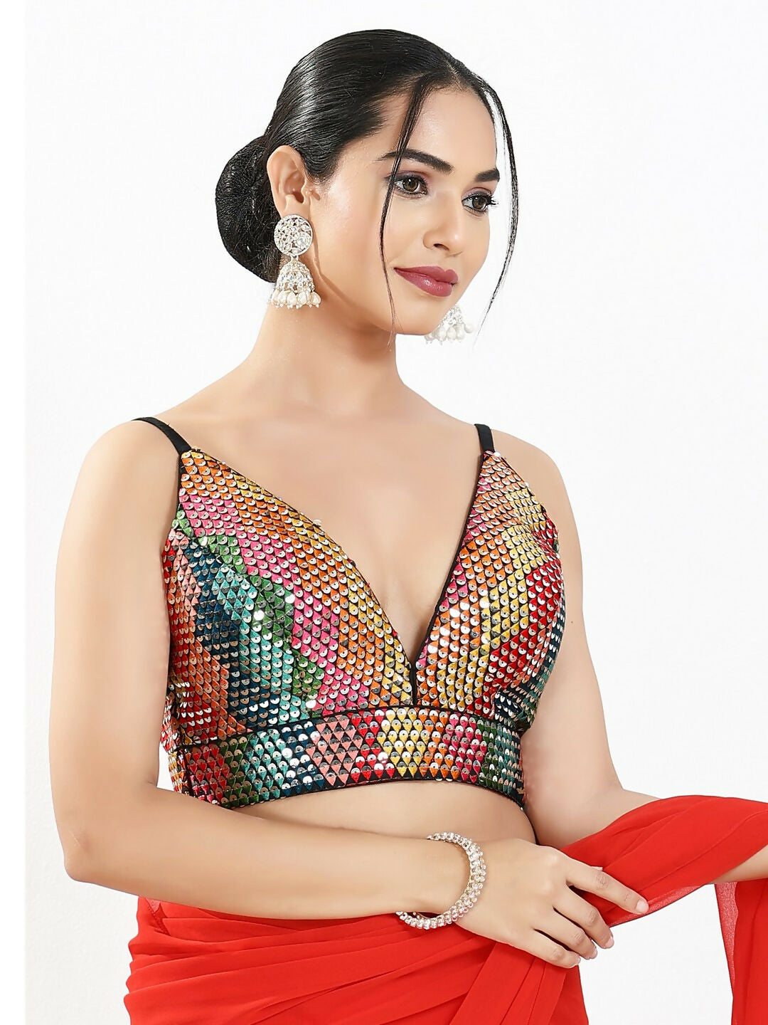 Joban Fashion Black Multi Sequin Padded Blouse With V Neck Sleeveless | Grocsy