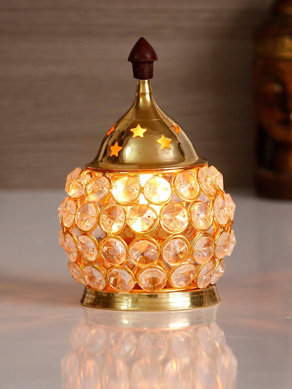 eCraftIndia Gold-Toned & Transparent Crystal & Brass Akhand Diya | Grocsy