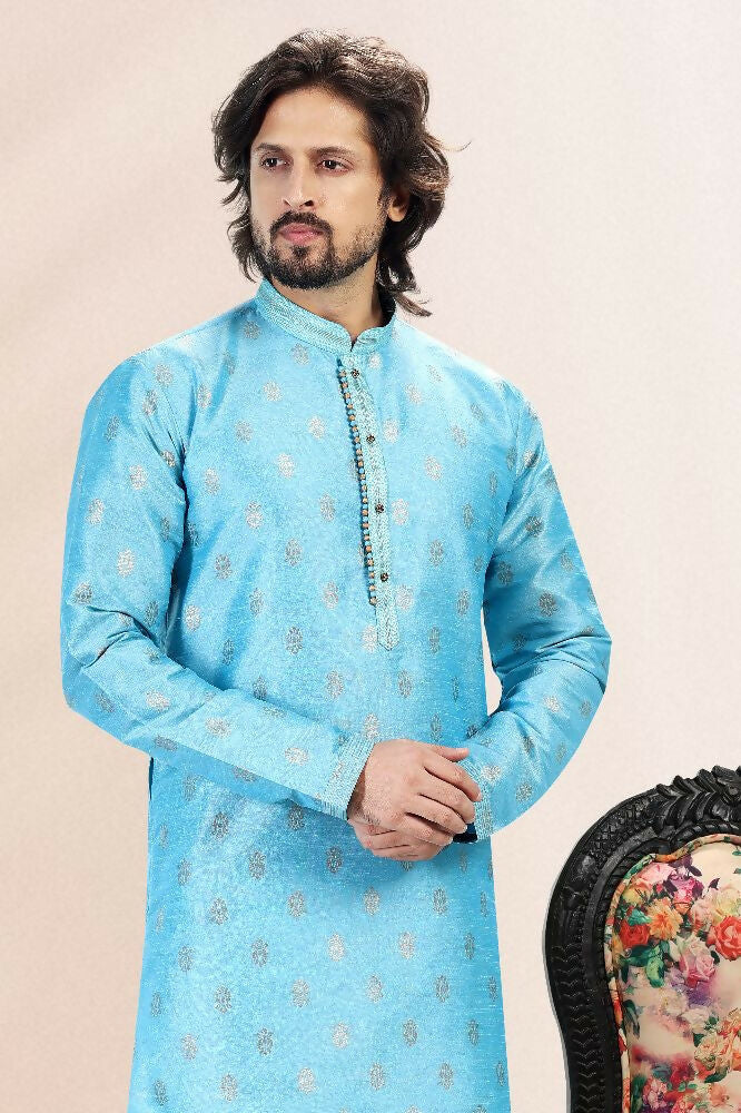 Raivat Ethnic Jacquard Banarasi Silk Pintux Work Kurta Pajama In Blue Colour | Grocsy