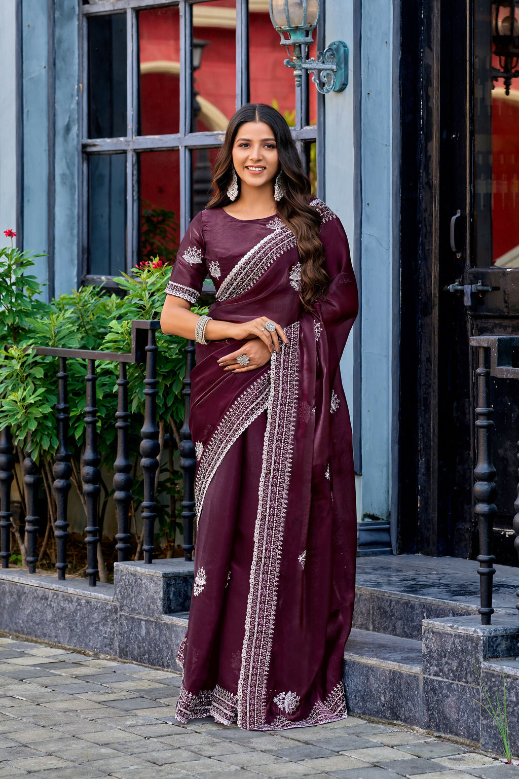 Vastranavya Wine Embroidery Work Shimmer Chiffon Saree with Unstitched Blouse | Grocsy