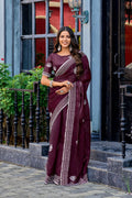 Vastranavya Wine Embroidery Work Shimmer Chiffon Saree with Unstitched Blouse | Grocsy