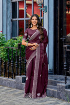 Vastranavya Wine Embroidery Work Shimmer Chiffon Saree with Unstitched Blouse | Grocsy