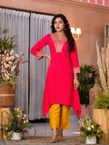 Juniper Women's Fuchsia Zari Embroidered Viscose Kurta & Pant Set With Sequins | Grocsy