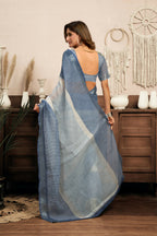 Joban Fashion Cream & Blue Striped Linen Ready To Wear Saree With Unstitched Blouse | Grocsy