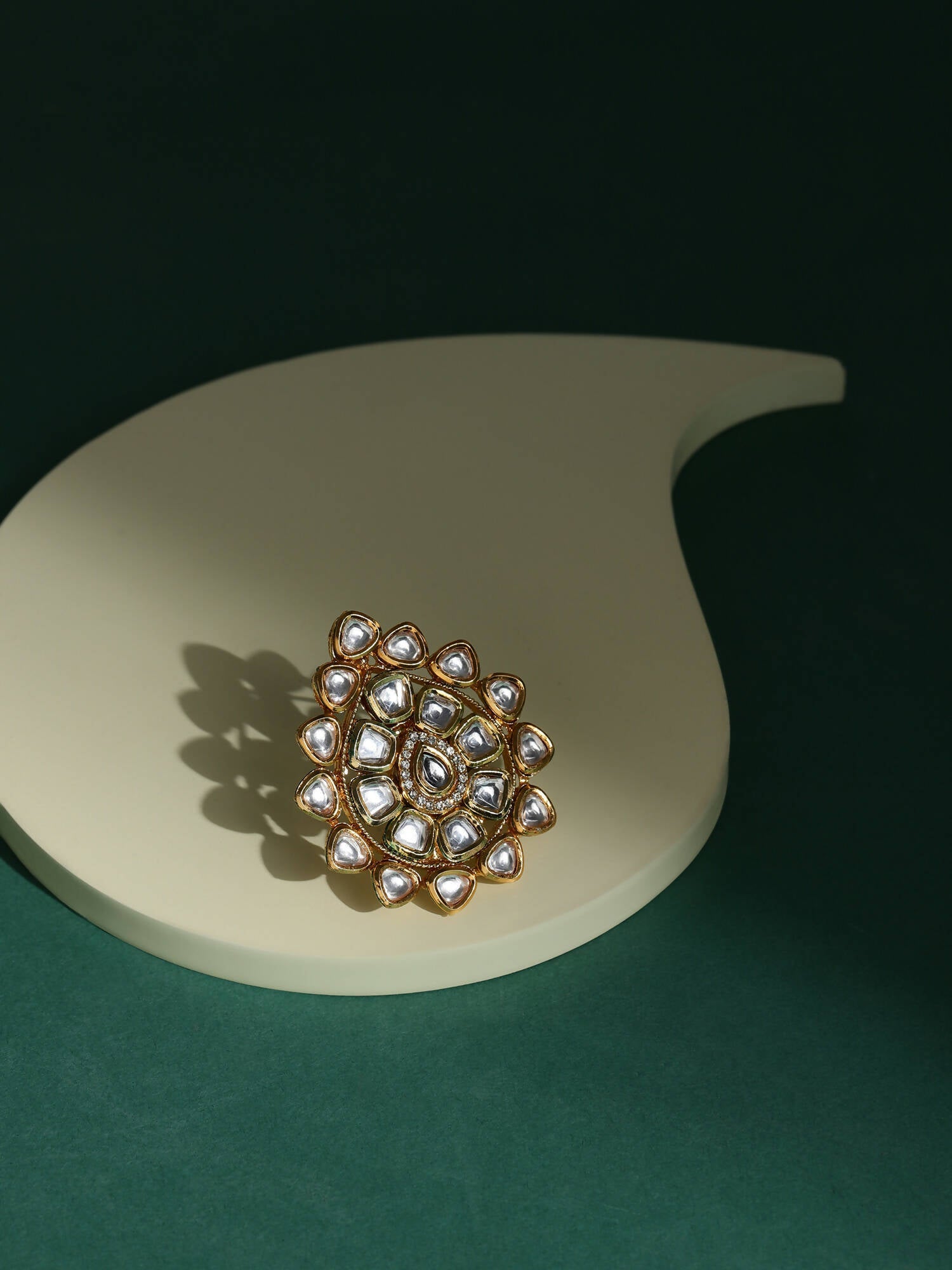 Gold-Polished White Kundan-Studded Adjustable Finger Ring - Ruby Raang | Grocsy