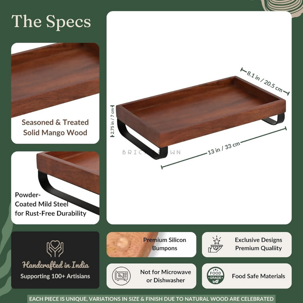 Brick Brown Premium Wooden Serving Tray/Platter with Black Metal Stand | Grocsy