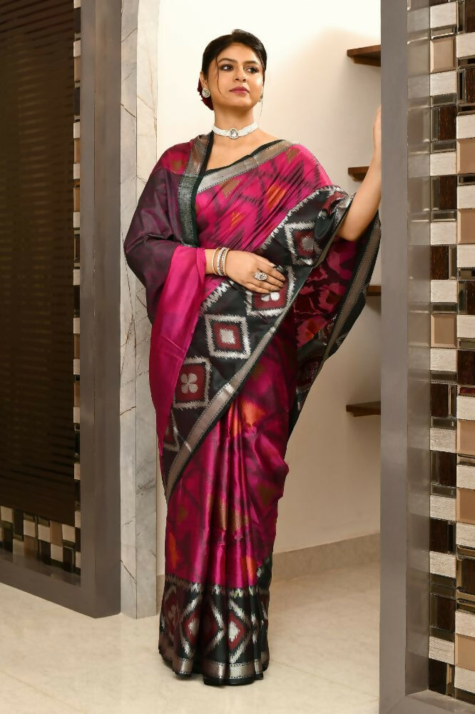 Joban Fashion Black & Pink Saree Kataan Ikkat | Grocsy