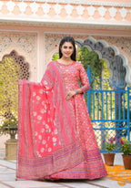 Functional Designer Red-Orange Dola Silk Anarkali suit with Dupatta - Ramya | Grocsy