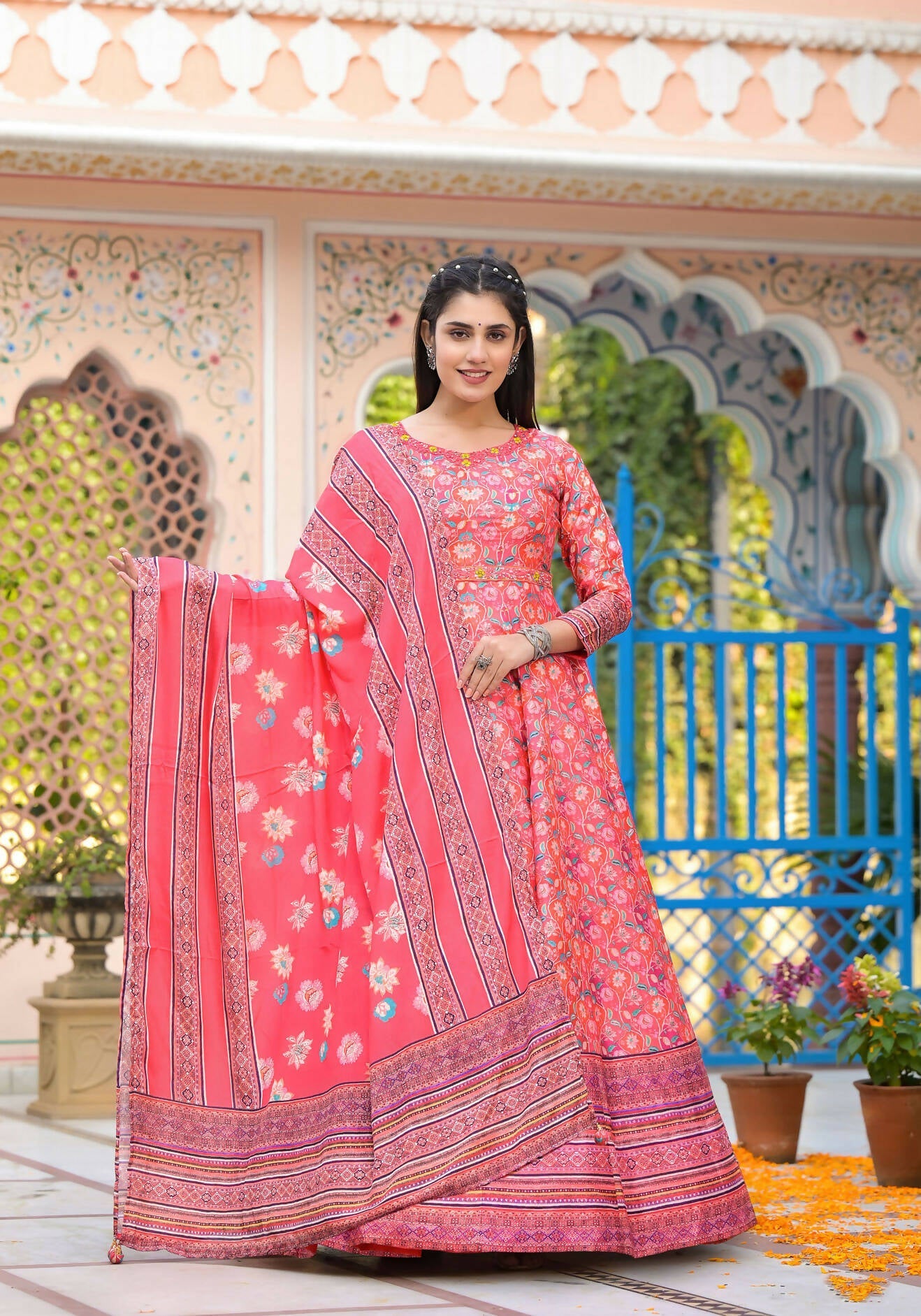 Functional Designer Red-Orange Dola Silk Anarkali suit with Dupatta - Ramya | Grocsy