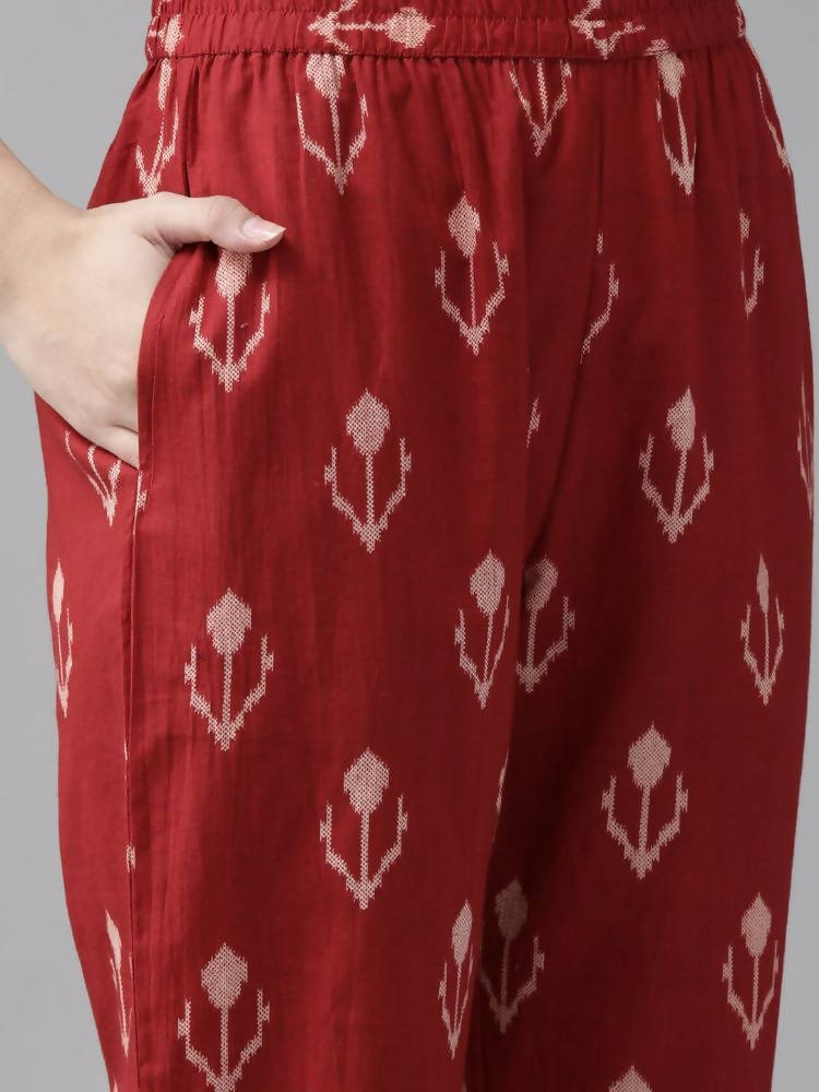 Yufta Maroon & Beige Ethnic Motifs Screen Print Cotton Straight Kurta Palazzo & Dupatta | Grocsy