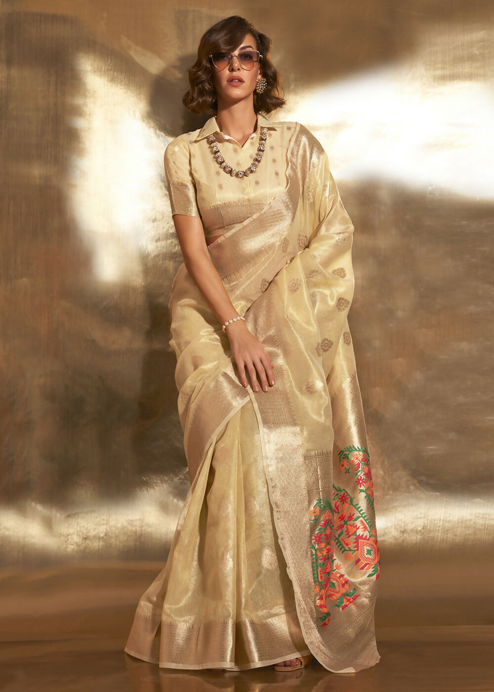 Golden Handwoven Tissue Fabric Festive & Party Style Saree - Emponline | Grocsy