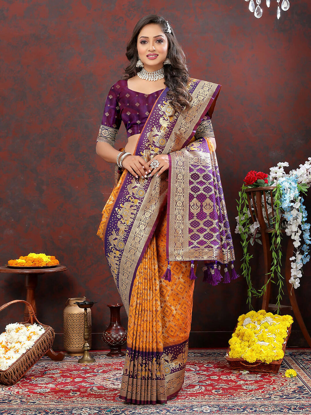 Lorenvalley Fashion Orange & Wine Patola Silk Woven Design Meenakari Weaving Saree | Grocsy