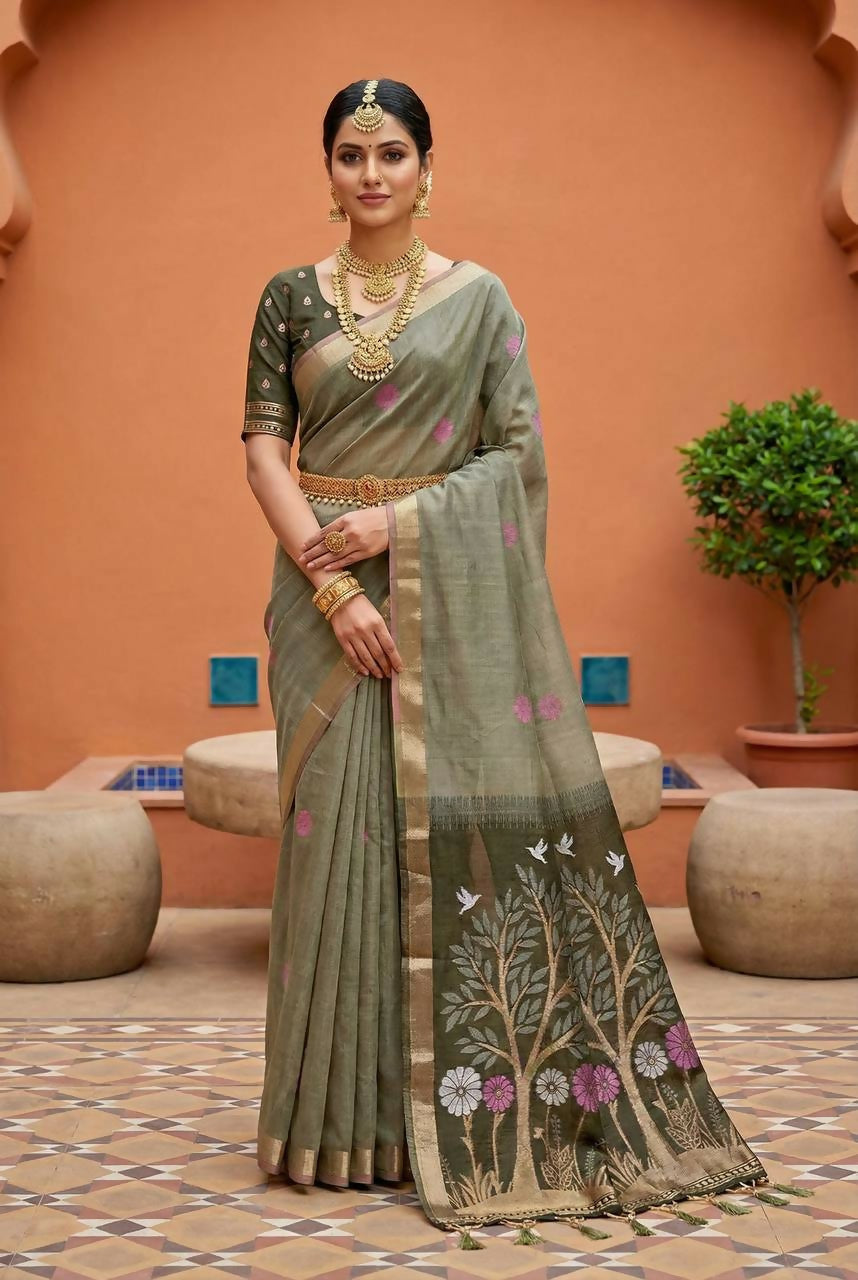 Vastranavya Grey Muga Cotton Meenakari & Azarakh Pallu Saree with Contrast Blouse | Grocsy