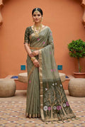 Vastranavya Grey Muga Cotton Meenakari & Azarakh Pallu Saree with Contrast Blouse | Grocsy