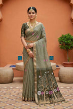 Vastranavya Grey Muga Cotton Meenakari & Azarakh Pallu Saree with Contrast Blouse | Grocsy