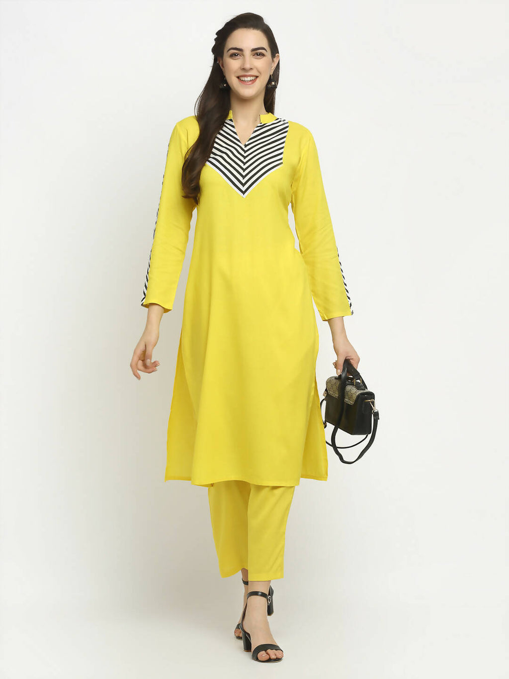Rudra Bazaar Yellow Yoke Kurta with Pyjamas | Grocsy