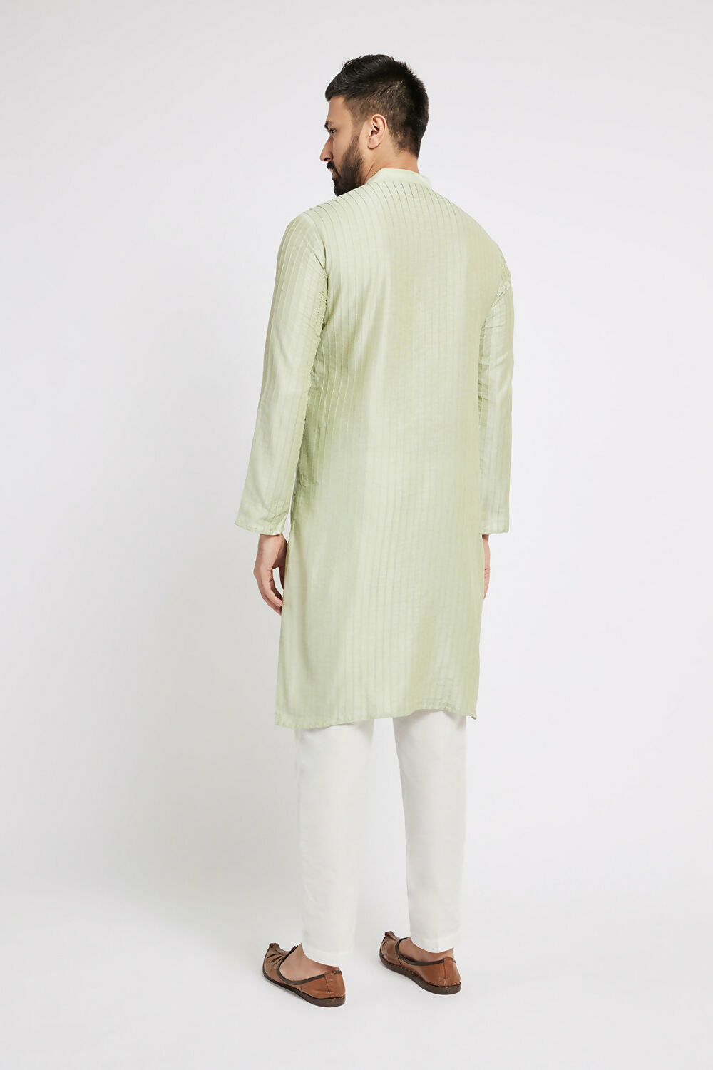 Ethnic India Green Men's Kurta Striped Polyester | Grocsy