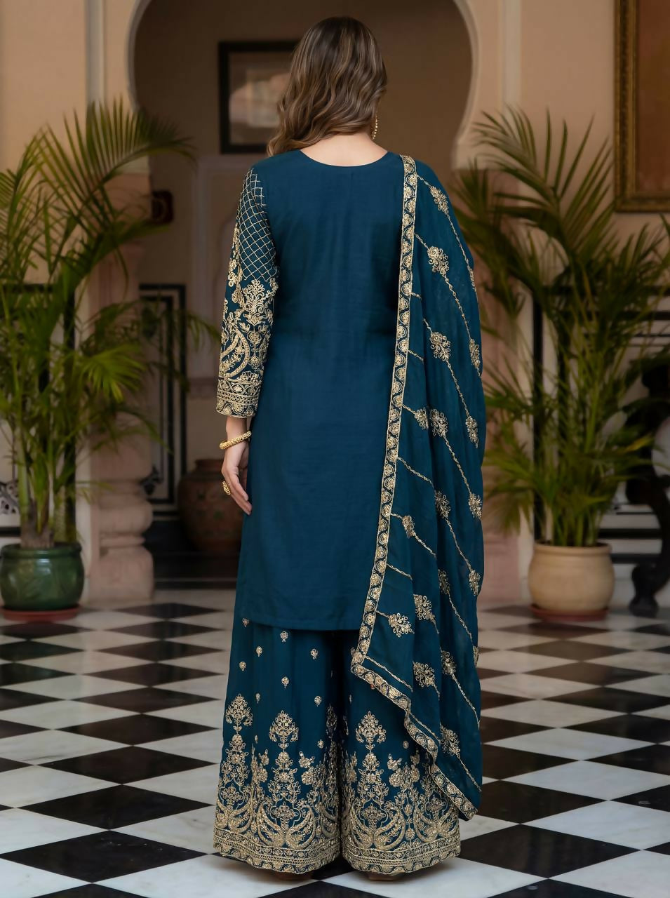 Joban Fashion Teal Silk Embroidered Sharara Set | Grocsy