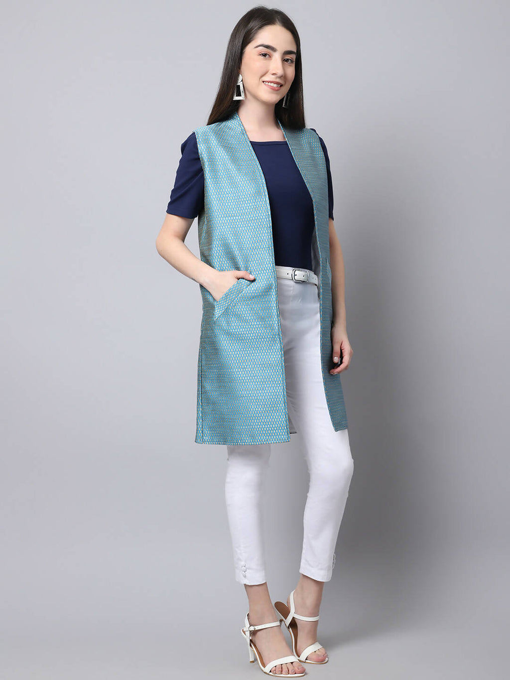 Even Apparels Blue Bansari Silk Open Front Women's Long Coat | Grocsy