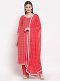 Myshka Women's Red Cotton Printed 3/4 Sleeve Round Neck Casual Kurta Pant Dupatta Set | Grocsy