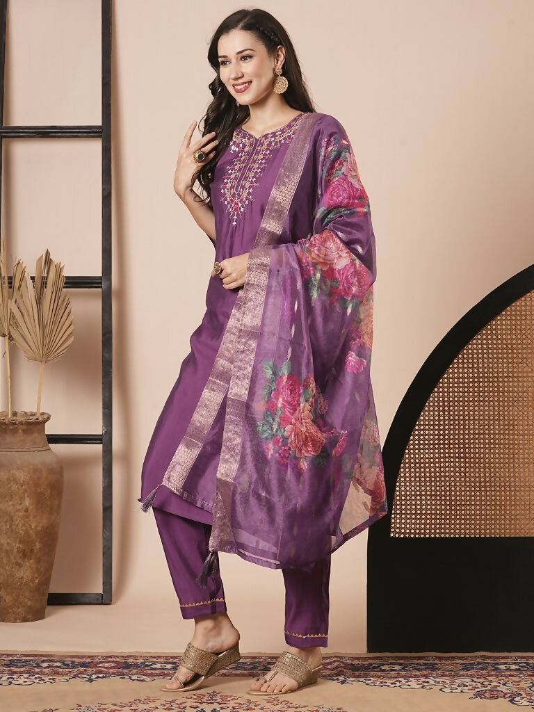 Purple Viscose Chanderi Embroidery Work Kurta Set - Riya | Grocsy
